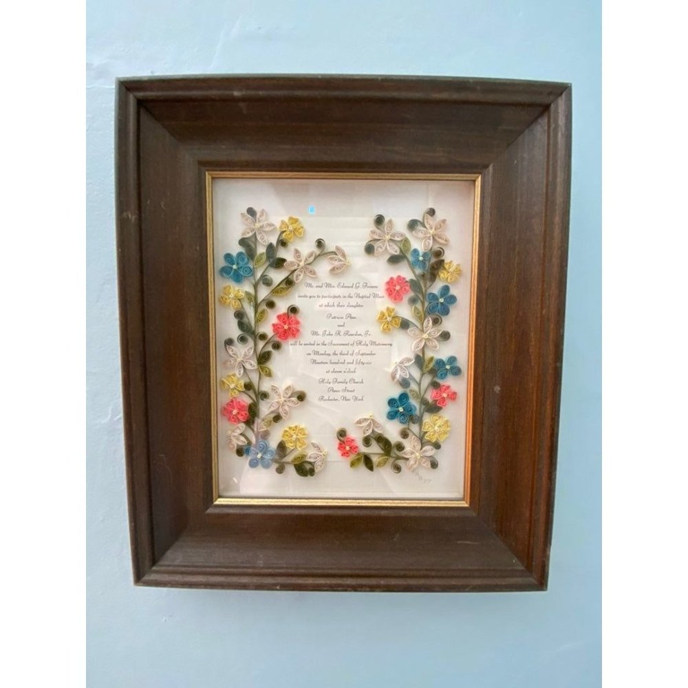 Vintage Framed Hand-Quilled 1956 Wedding Invitation Rochester NY